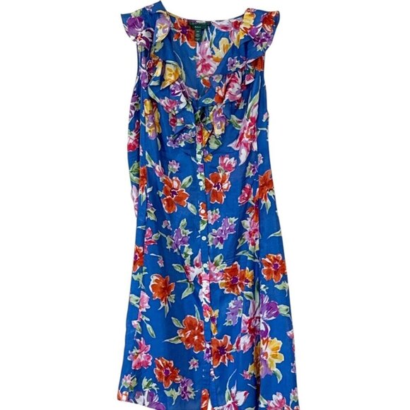 Lauren Ralph Lauren Women's Silk Ruffle Collar Floral Button Front Dress Blue 14 - Picture 2 of 8